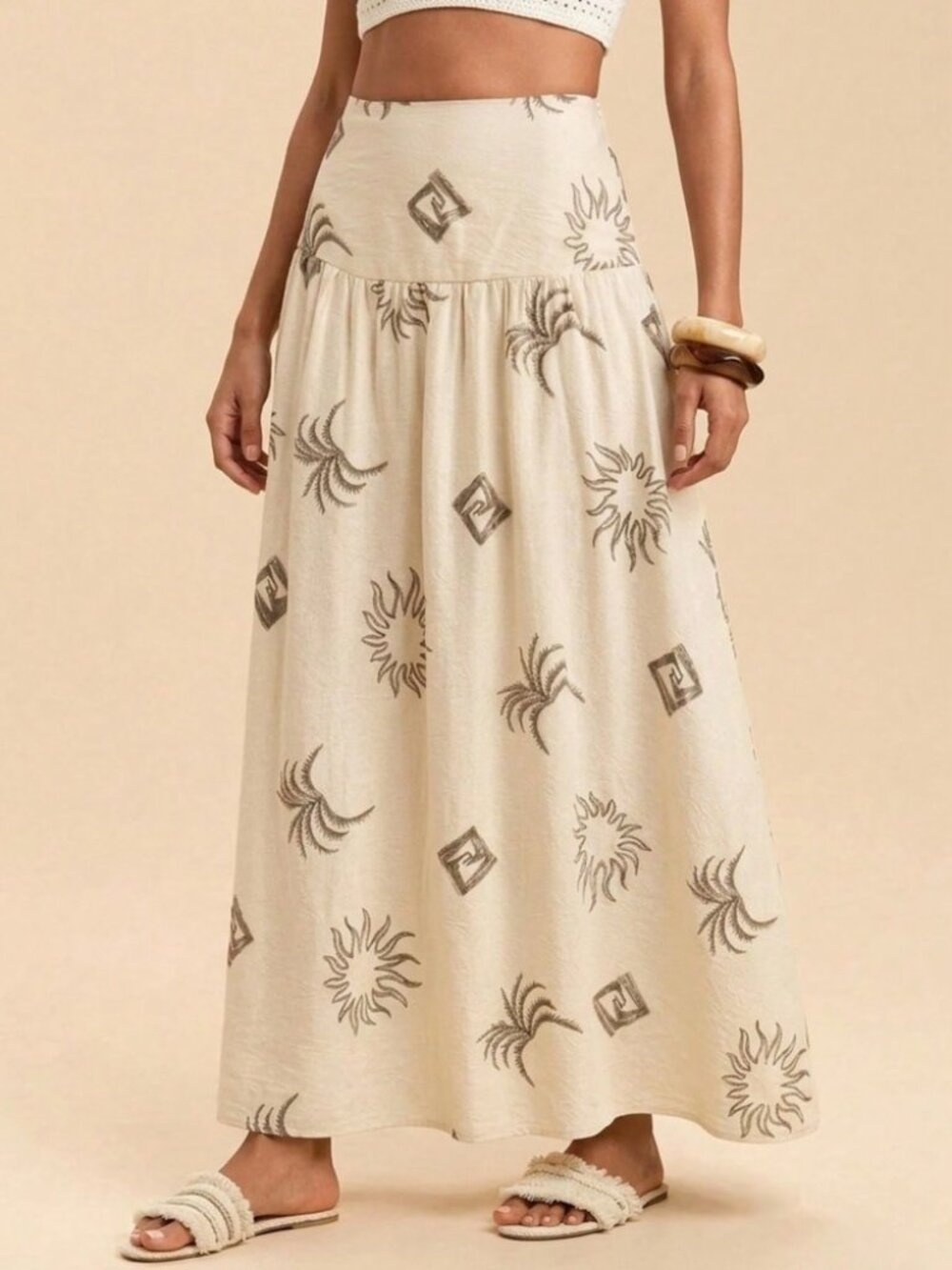 Cream Sun & Palm Print Boho Maxi Skirt